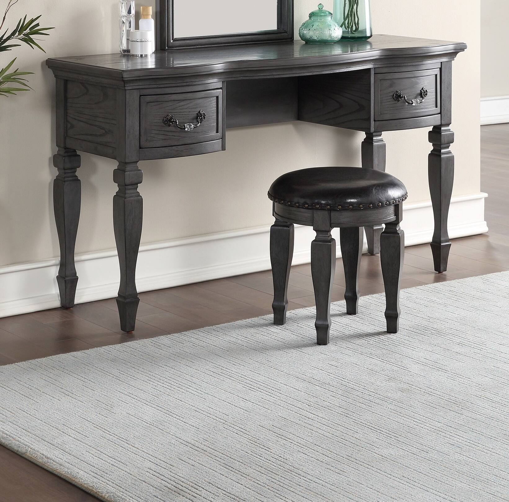 Alt View 1. APRILSOUL - Bedroom Classic Vanity Set Wooden Carved Mirror Stool Drawers Antique Grey Finish - Grey.