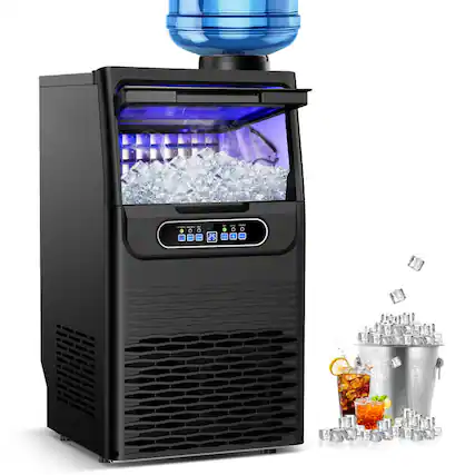 Front. HOOURE - 13.5 in. 80 lbs./24H. 36 Ice Cubes/Cycle Freestanding Commercial Freestanding Ice Maker in Black - Black stainless steel.