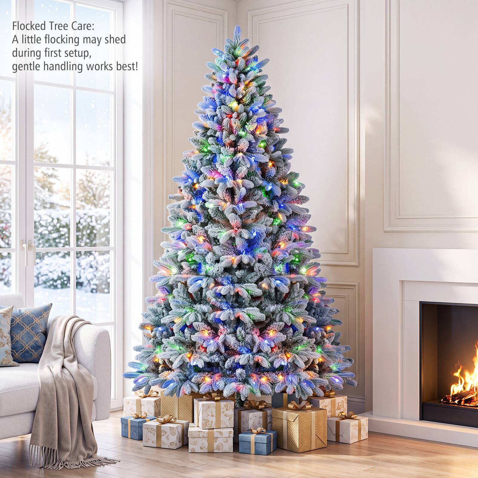 Flocked Tree Care: A little flocking may shed during first setup, gentle handling works best!