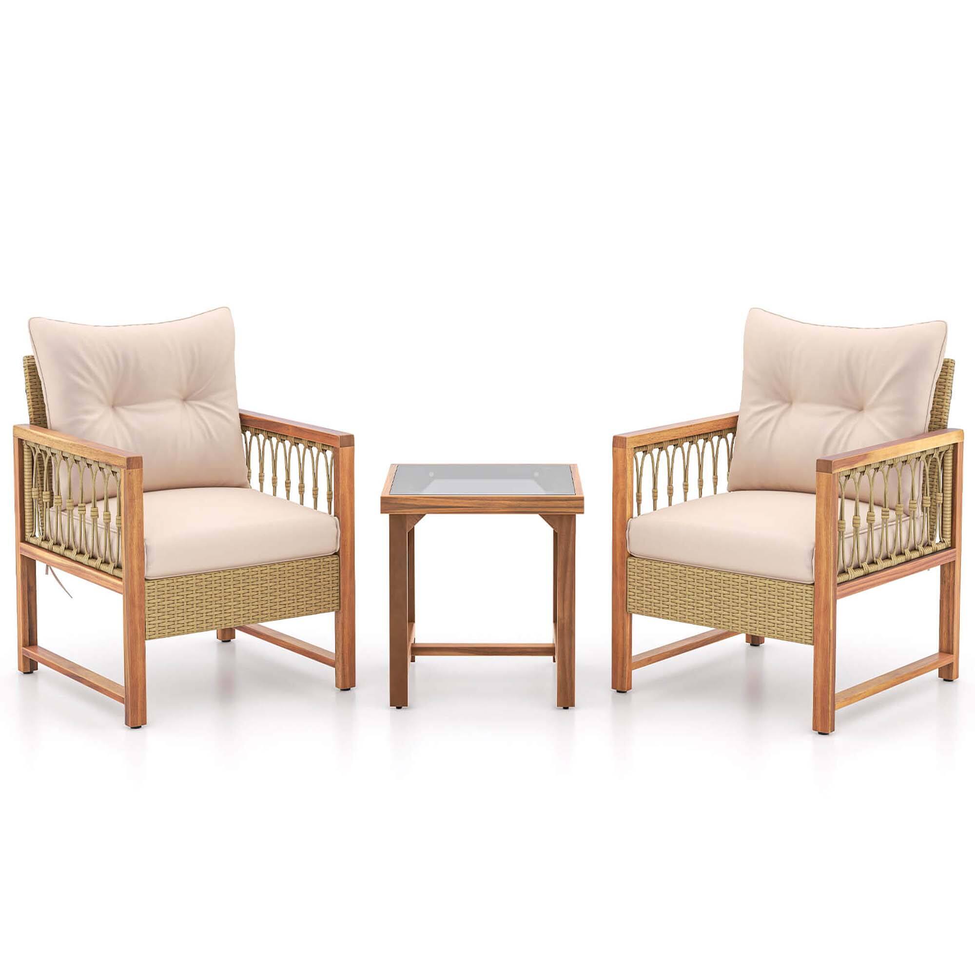 Alt View 9. Costway - 3 PCS Patio Furniture Set Outdoor PE Wicker Conversation Bistro Set - Light Brown,Beige.