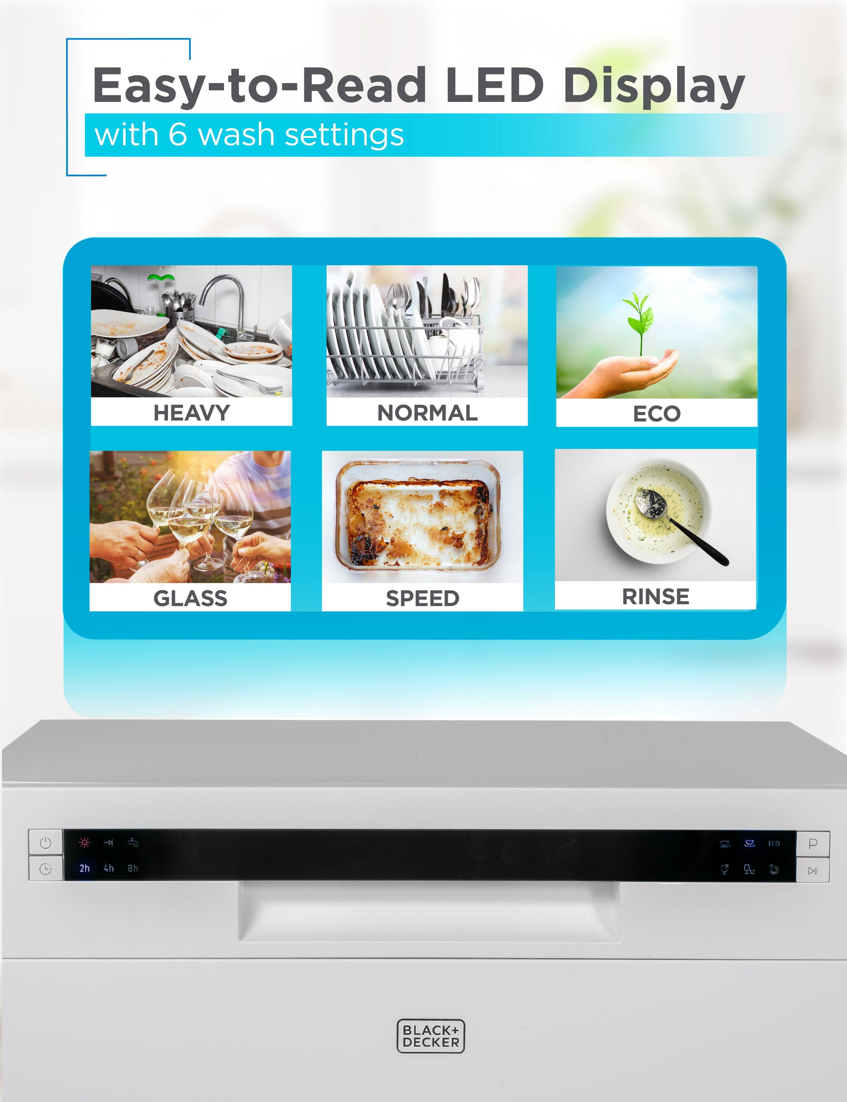 Easy-to-Read LED Display with 6 wash settings: HEAVY, NORMAL, ECO, GLASS, SPEED RINSE, and 100 P.