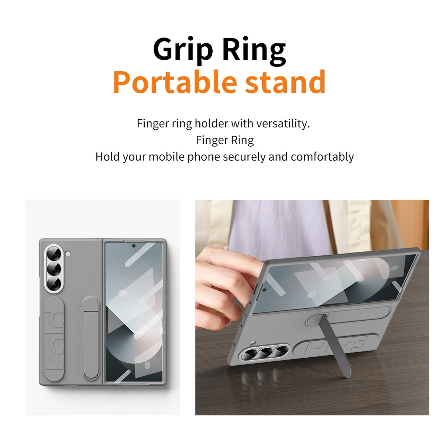 Grip Ring Portable Stand

Finger ring holder with versatility.  
Finger Ring  
Hold your mobile phone securely and comfortably