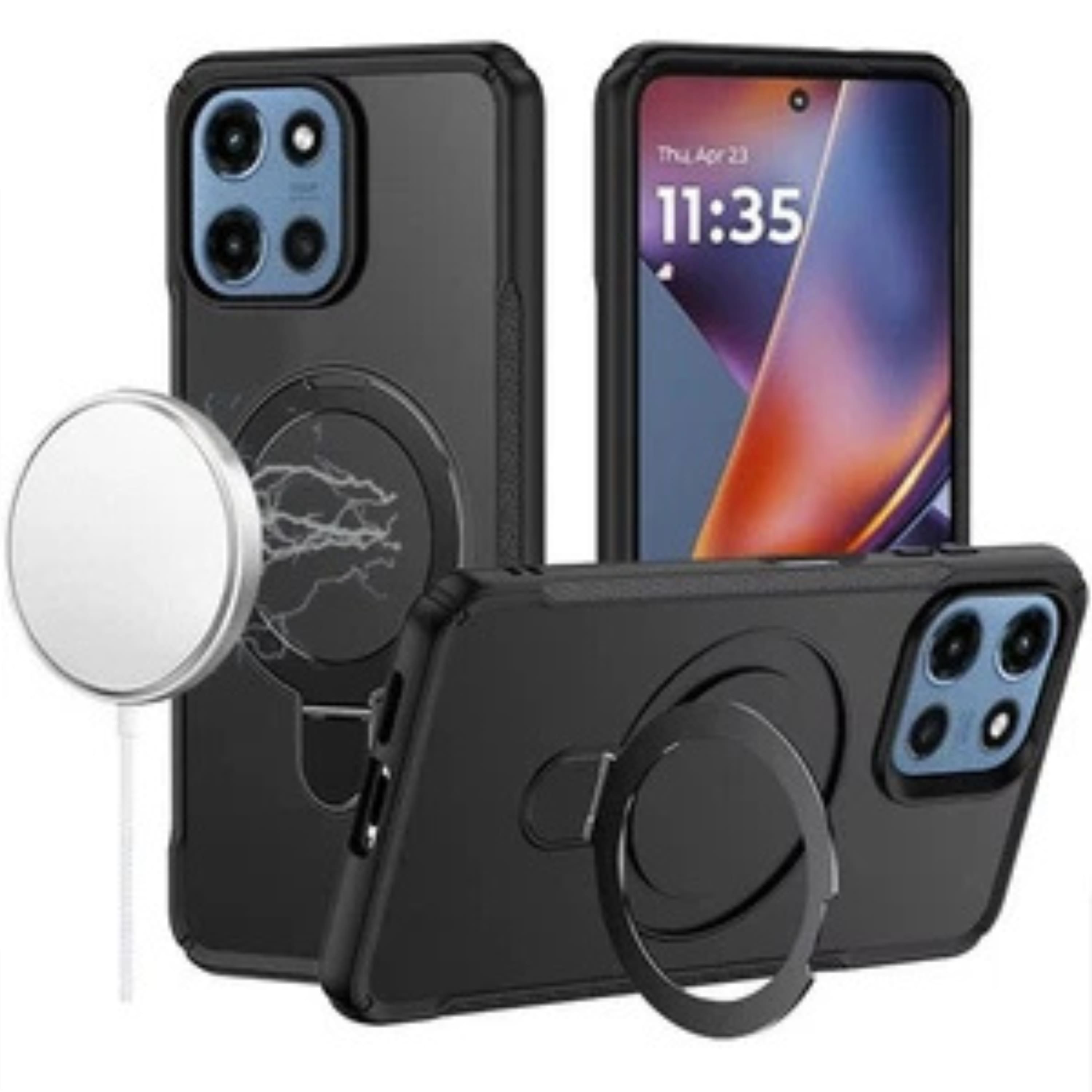 Kitcheniva - Magnet Circle Stand Matte Phone Case With Tempered Glass For Moto G 2025/2026/G Play 2026 Black - A2185