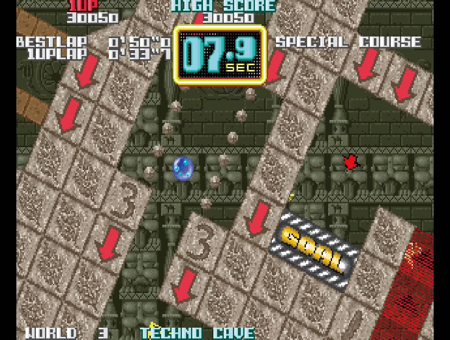 10P HIGH SCORE 30050  
BEST LAP 01'59"  
1UP LAP 01'33"  
07.9 SEC  
SPECIAL COURSE  
WORLD 3  
TECHNO CAVE