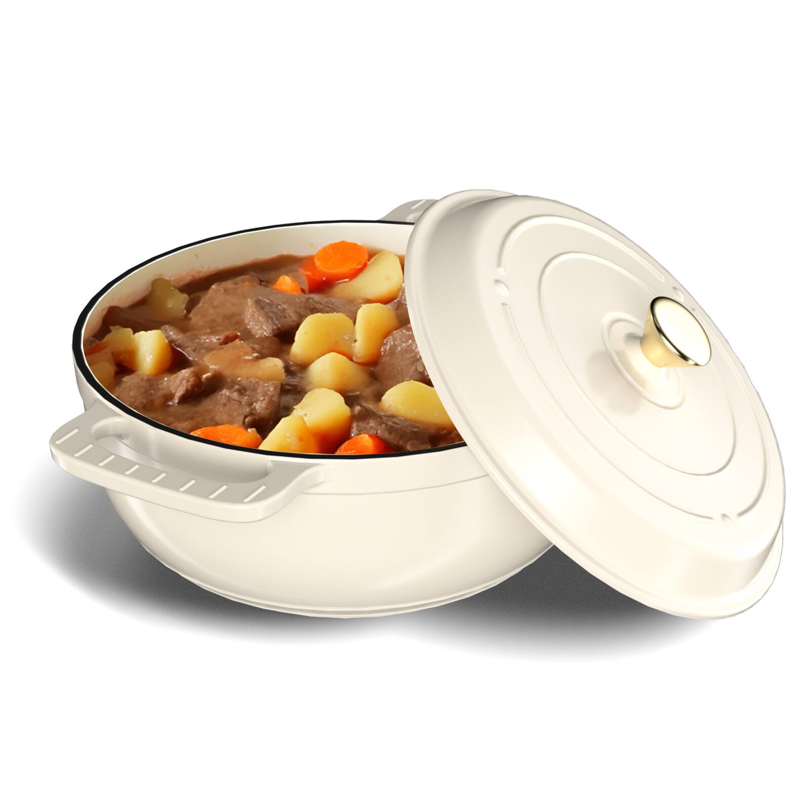 Angle. Winado - 6QT Dutch Oven Enameled Cast Iron Bread Oven with Lid for Sourdough Baking - Cream White.