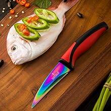 Alt View 1. SiliSlick - Rainbow Titanium-Coated Stainless Steel Kitchen Knife Set - Red Handle.