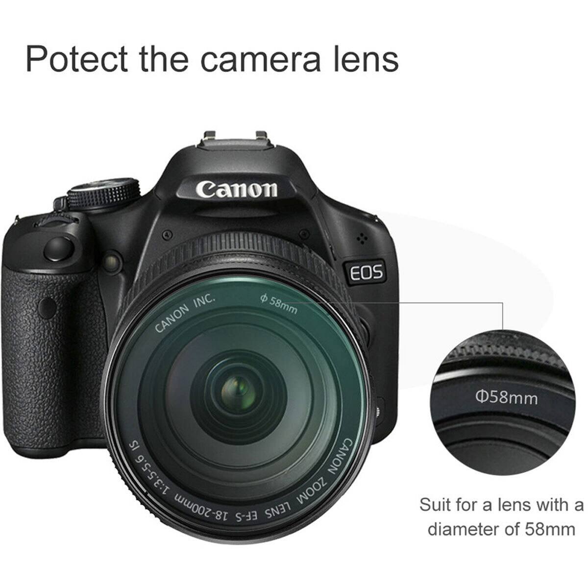 Protect the camera lens

Canon INC. CANON 58mm EOS 58mm IS 1:3.5-5.6 CANON ZOOM 18-200mm EF-S LENS

Suit for a lens with a diameter of 58mm
