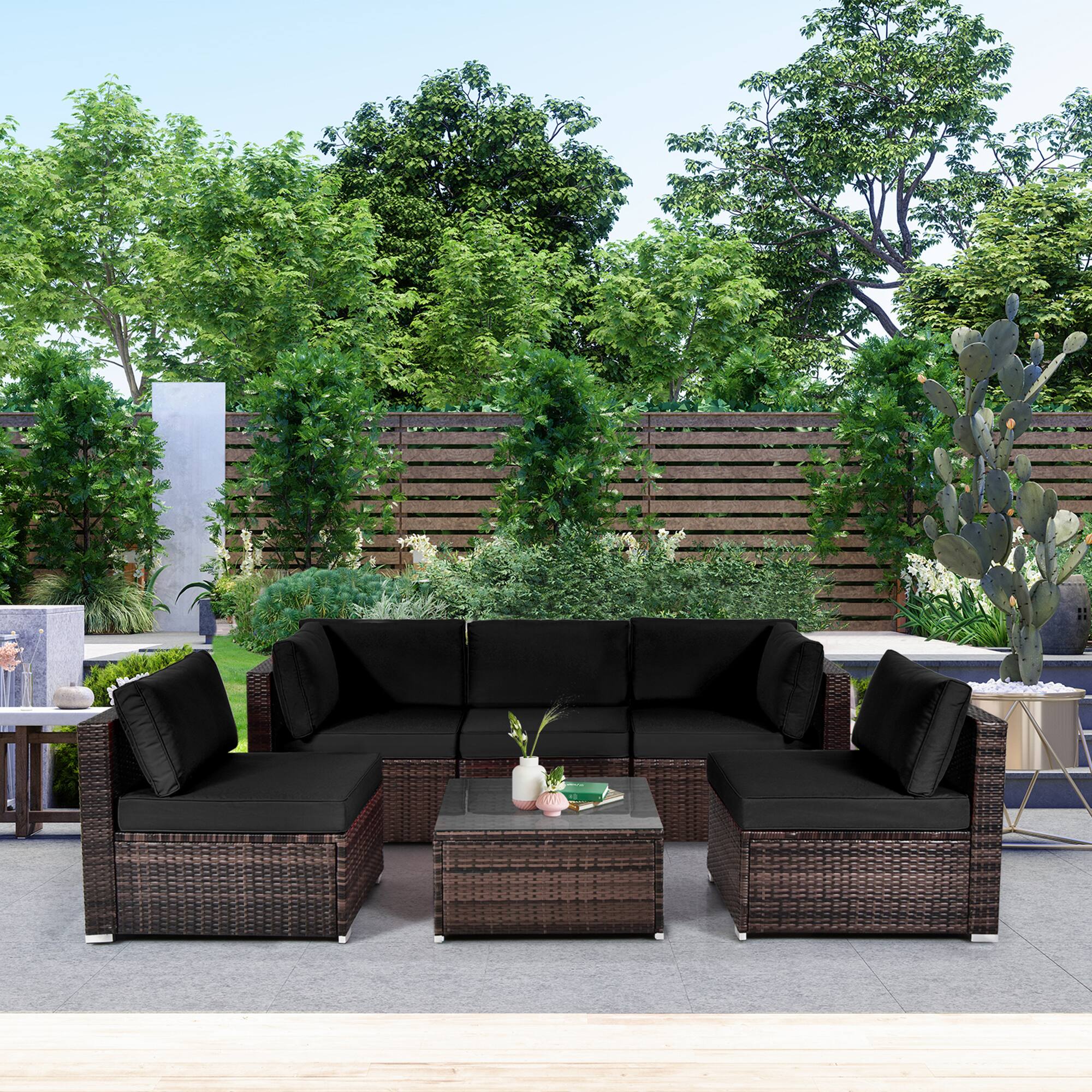 Alt View 8. Gymax - Gymax 6PCS Rattan Outdoor Sectional Sofa Set Patio Furniture Set w/ Black Cushions - Black.