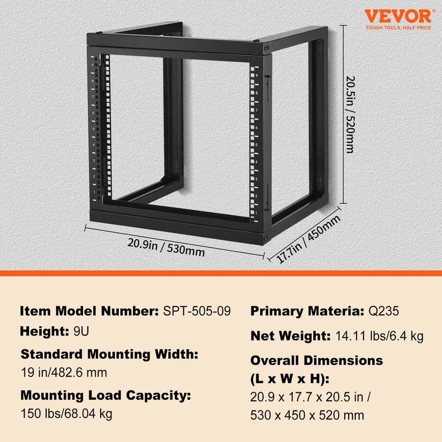 Spt Racks VEVOR 9U Wall Mount Rack, 150 lbs/68.04 kg Max Load Capacity, Open ...