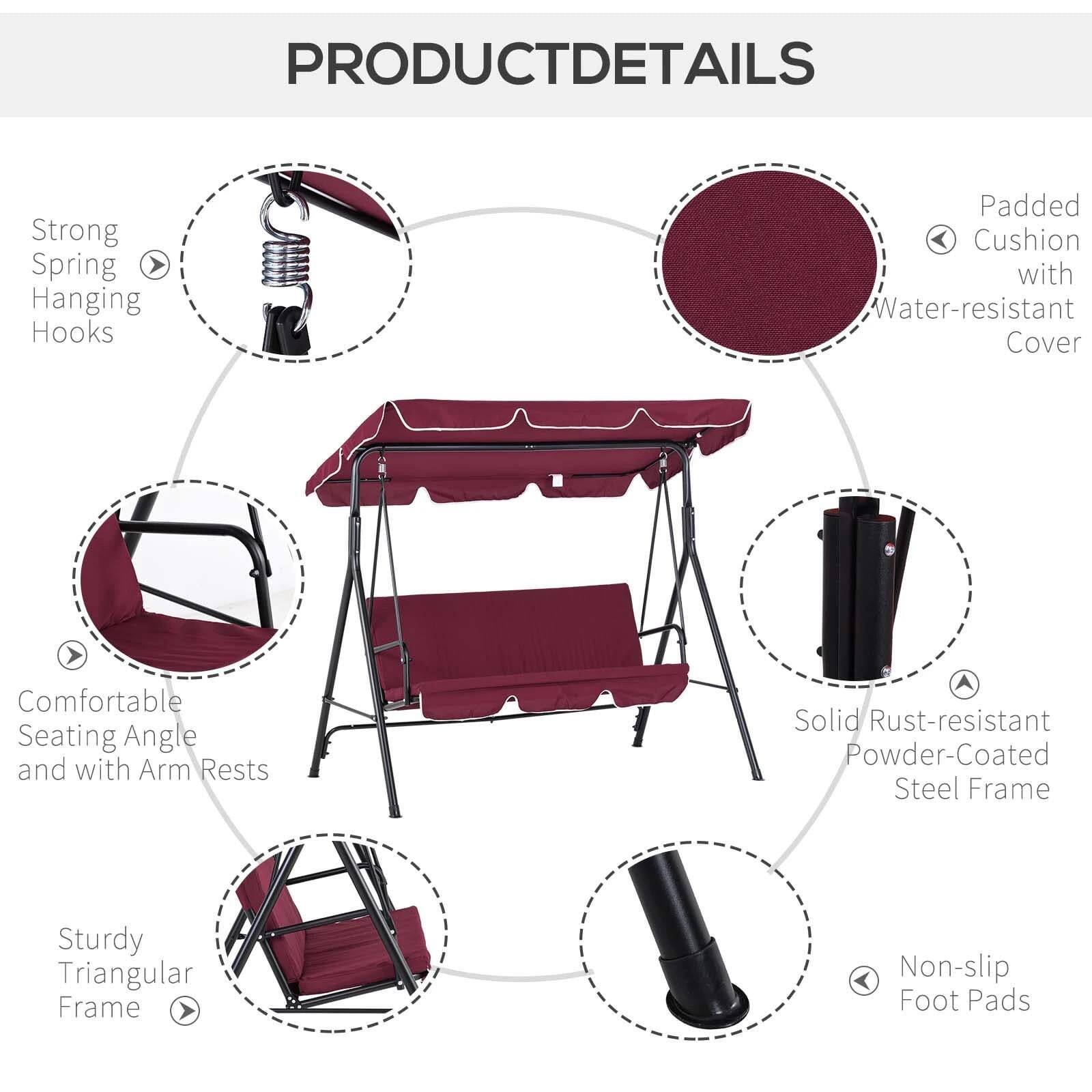 PRODUCT DETAILS

- Strong Spring Hanging Hooks
- Padded Cushion with Water-resistant Cover
- Comfortable Seating Angle and with Arm Rests
- A Solid Rust-resistant Powder-Coated Steel Frame
- Sturdy Triangular Frame
- Non-slip Foot Pads