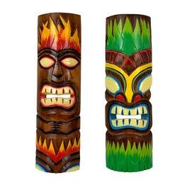Chesapeake Bay - Fire and Earth Hand Crafted Wooden Tiki Totem Wall Masks 20 Inch Set of 2 - Multicolored