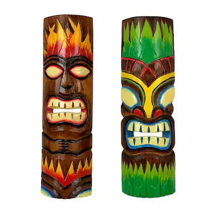 Front. Chesapeake Bay - Fire and Earth Hand Crafted Wooden Tiki Totem Wall Masks 20 Inch Set of 2 - Multicolored.