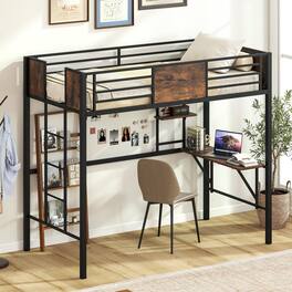 Gymax - Twin Loft Bed w/ Desk Heavy-Duty Metal Bed Frame w/ Safety Guardrail & Ladder - Brown