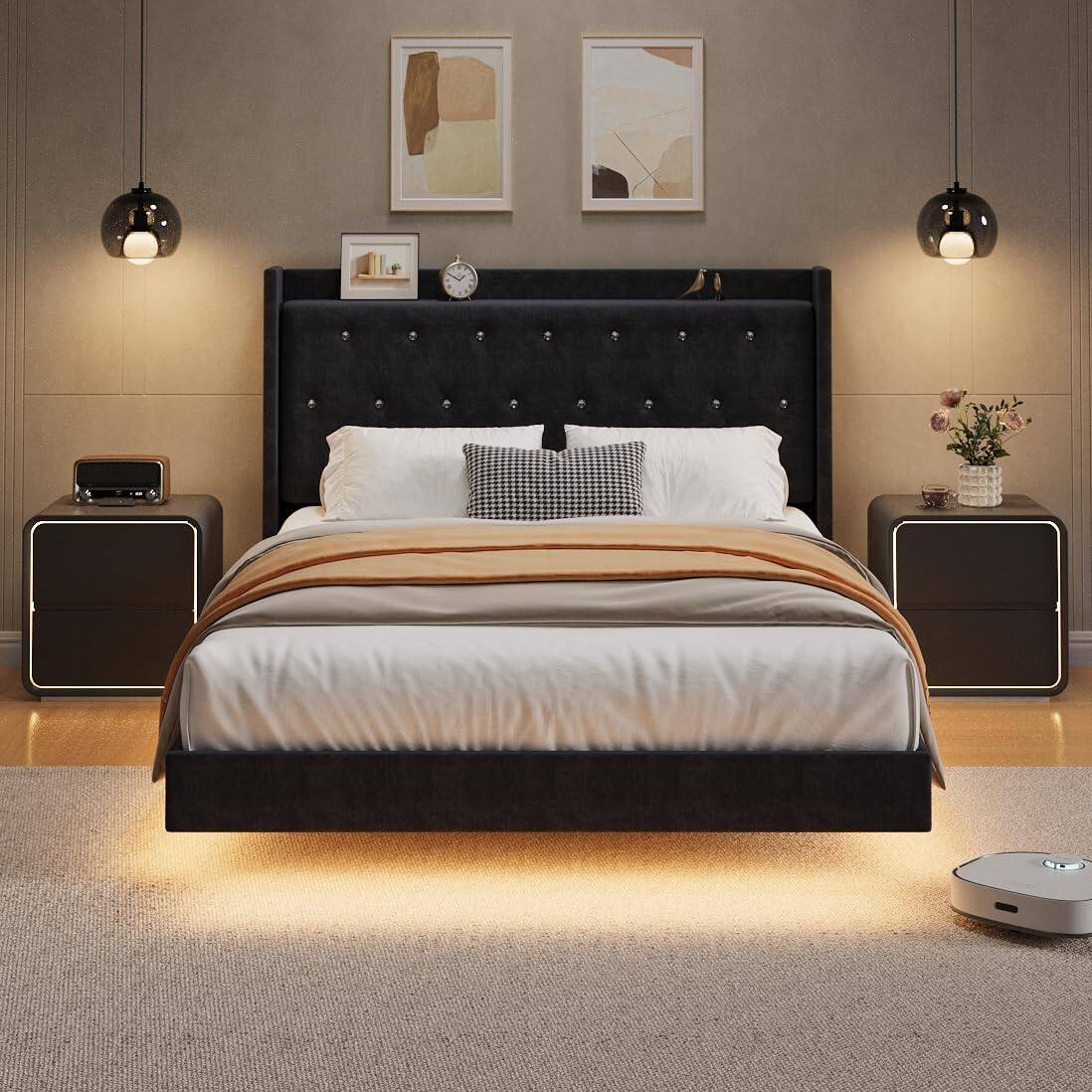 Left. Homhougo - Queen Size Black Floating Bed Frame with LED Lights, Velvet Wingback Headboard, Modern Storage Platform Bed - Black.