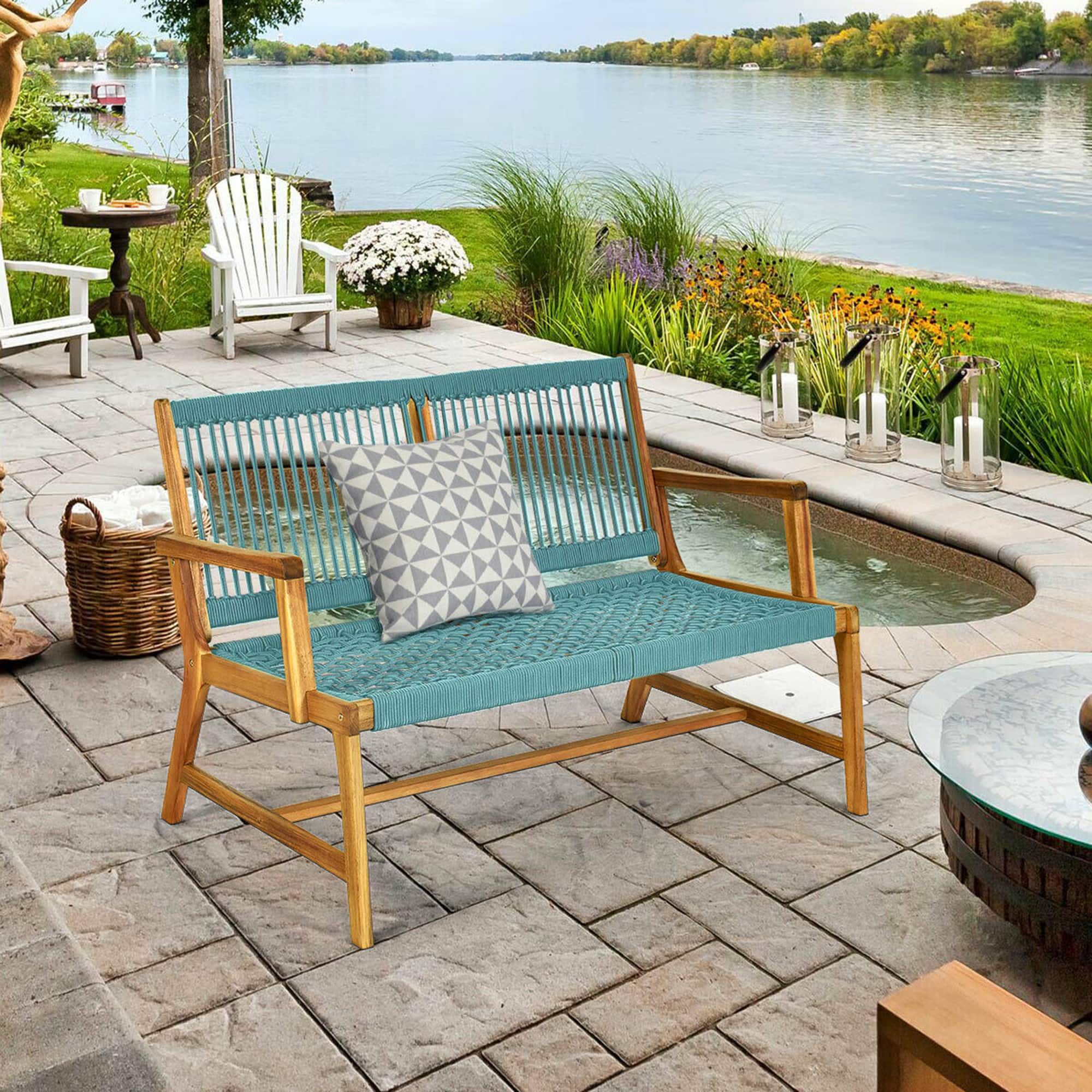Gymax - Wooden Rope Bench Loveseat Patio Garden Outdoor w/ Backrest & Armrest - as pic