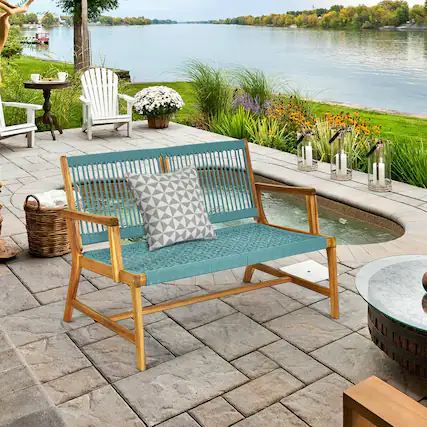 Front. Gymax - Gymax Wooden Rope Bench Loveseat Patio Garden Outdoor w/ Backrest & Armrest - as pic.