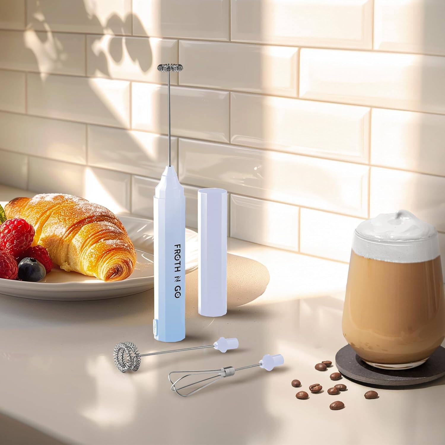 Angle. Zulay Kitchen - Zulay Kitchen 3-in-1  Froth N Go Milk Frother Rechargeable - Comes with 3 Whisk Attachments - Cloud.