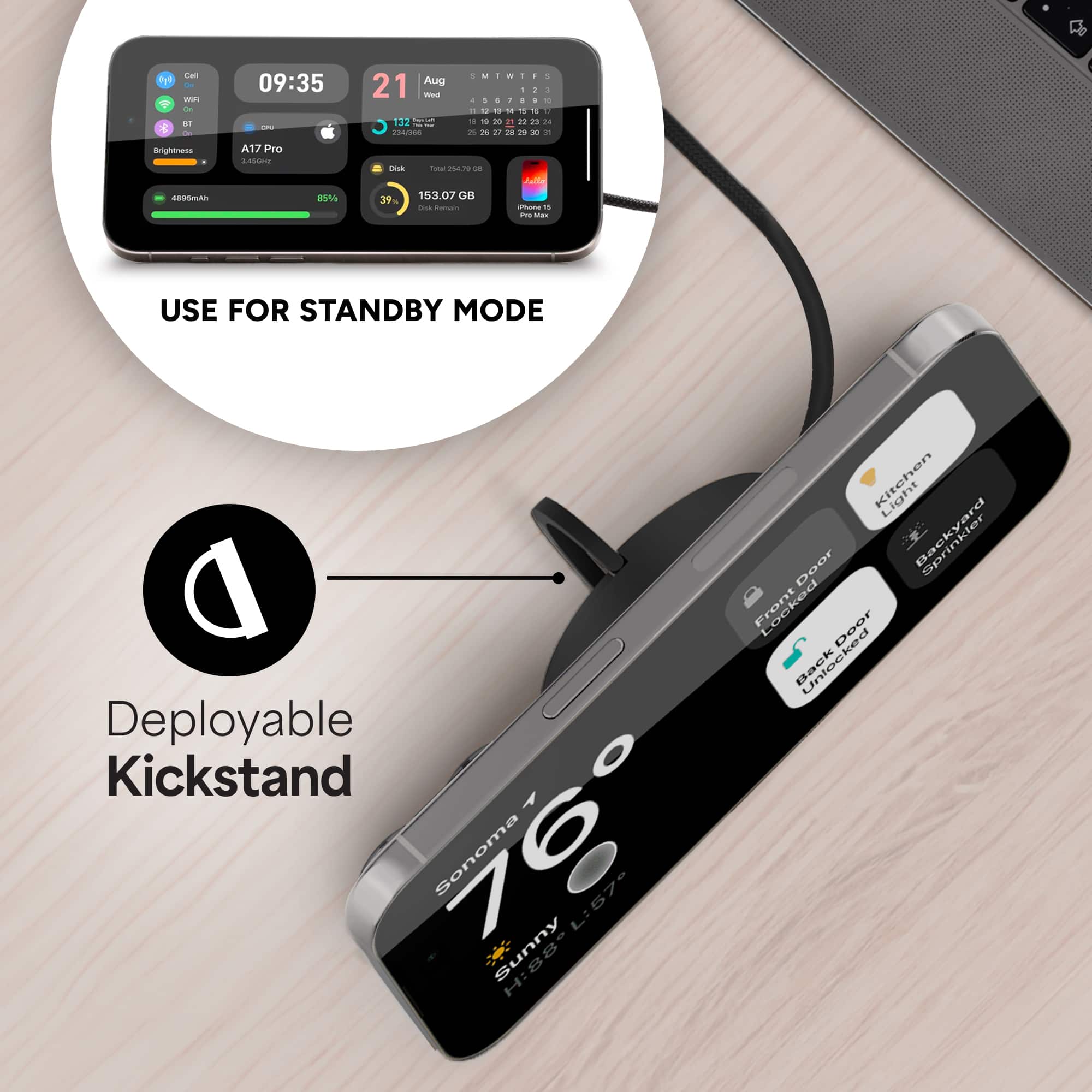 The image shows a device with a screen displaying the time of 09:35. The device also has a kickstand, which is a feature that allows it to stand upright on a flat surface. The device is connected to a computer, and it is described as a deployable kickstand, which suggests that it can be easily set up and taken down as needed. The image also includes a keyboard and a mouse, indicating that the device is likely used for work or other computer-related tasks.