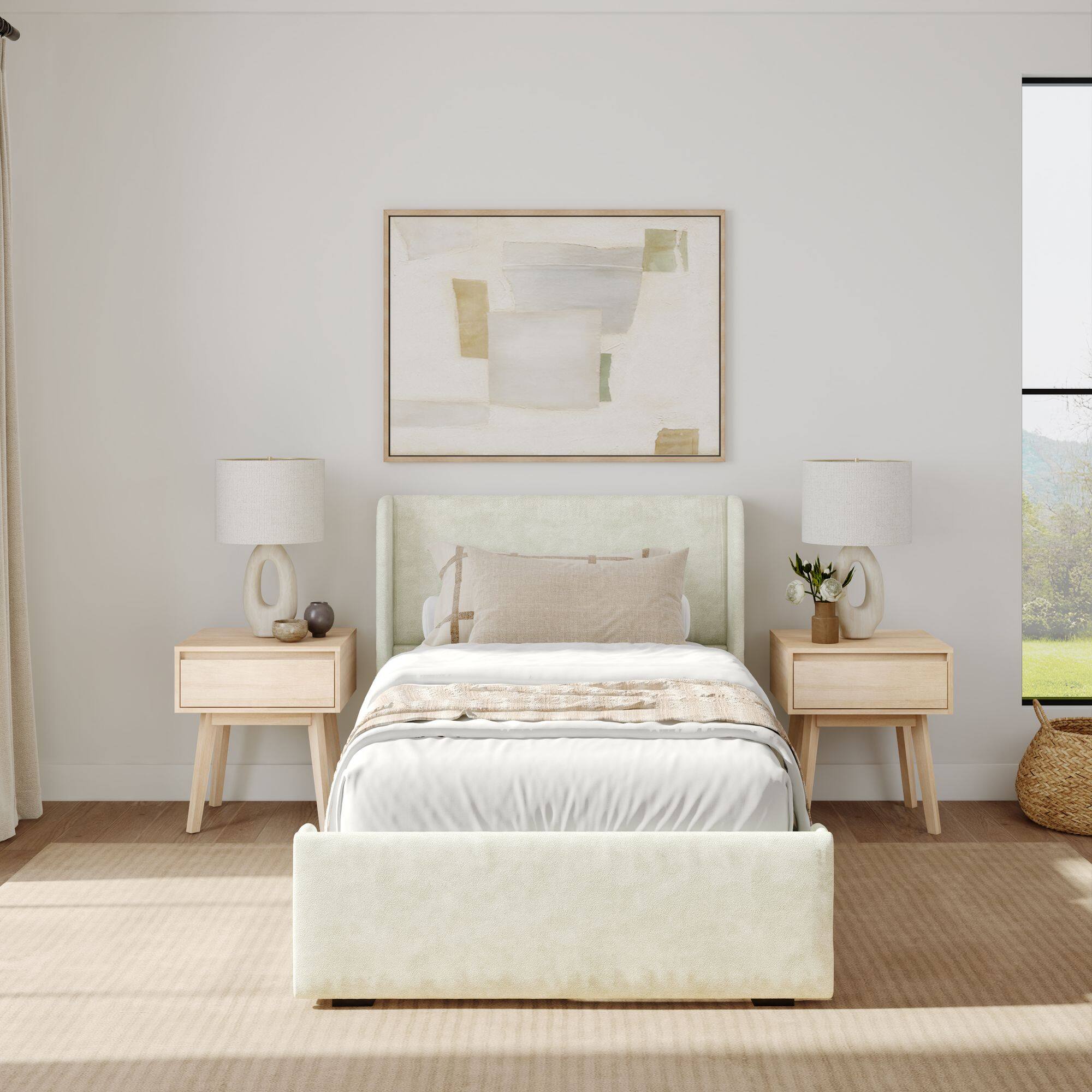 Alt View 1. Plank+Beam - Upholstered Bed with Rectangular Headboard (Twin), Cream - Cream.