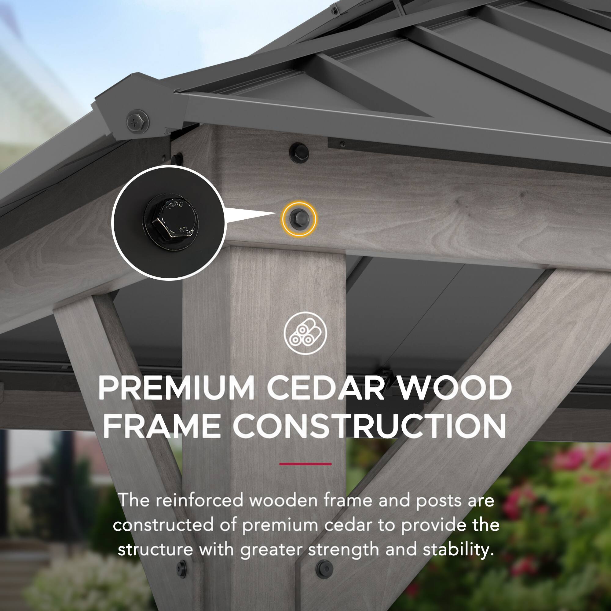 PREMIUM CEDAR WOOD FRAME CONSTRUCTION

The reinforced wooden frame and posts are constructed of premium cedar to provide the structure with greater strength and stability.