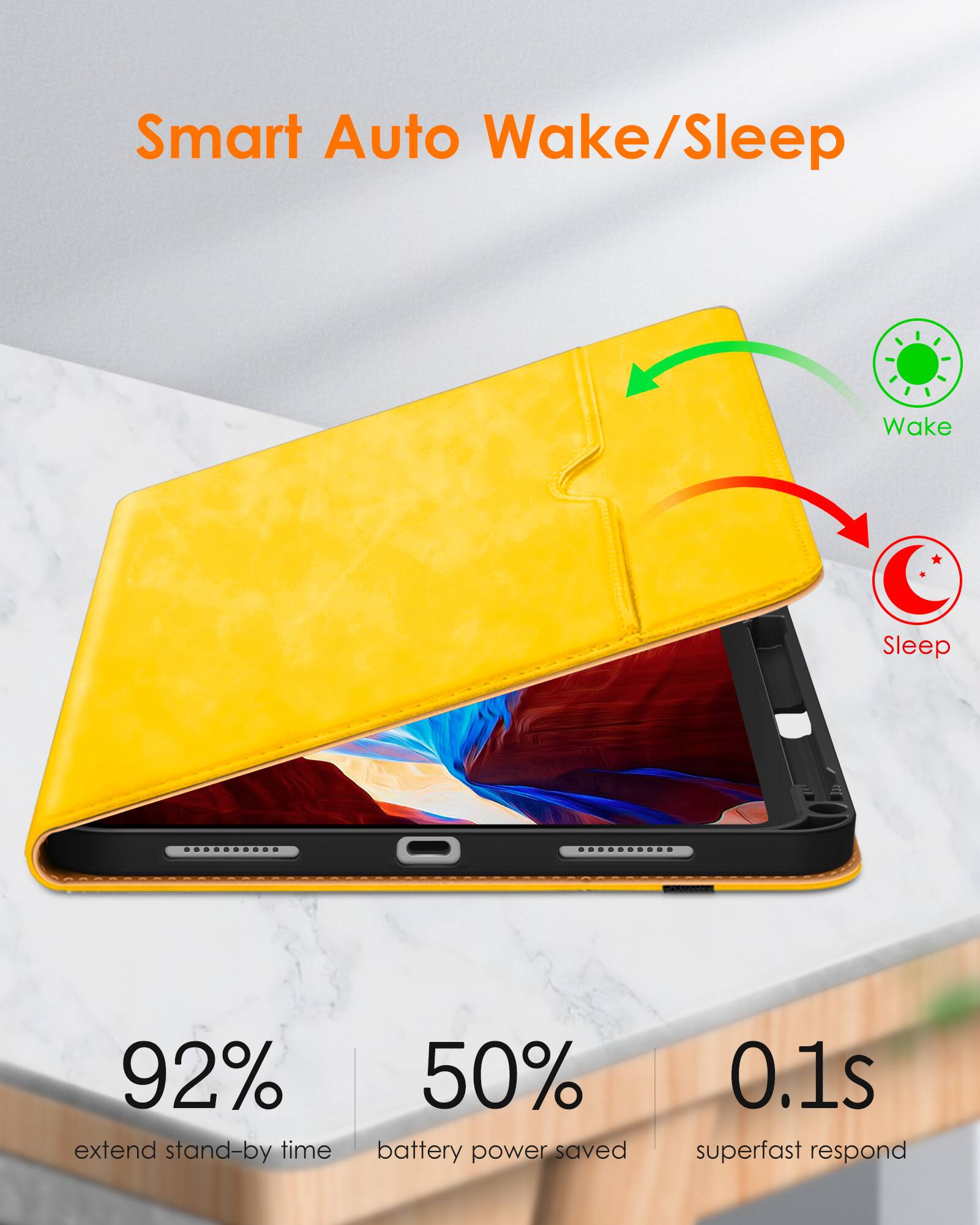 Smart Auto Wake/Sleep

- 92% extend stand-by time
- 50% battery power saved
- 0.1s superfast respond

Wake
Sleep