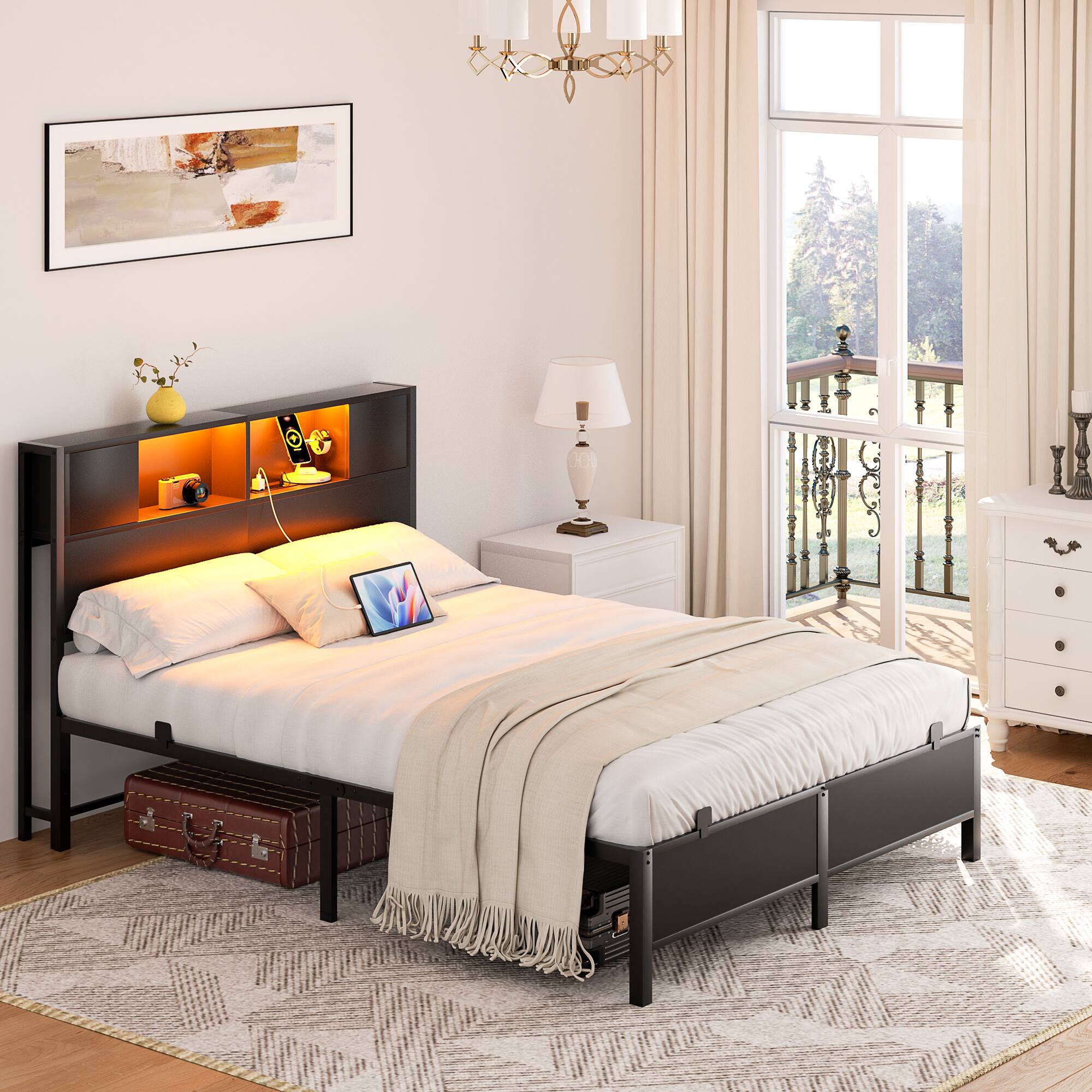 Alt View 2. Aheaplus - Industrial Metal Bed Frame: Storage Headboard / Charging, LED Lights, Steel Slats, No Box Spring, Easy Assembly - Black.