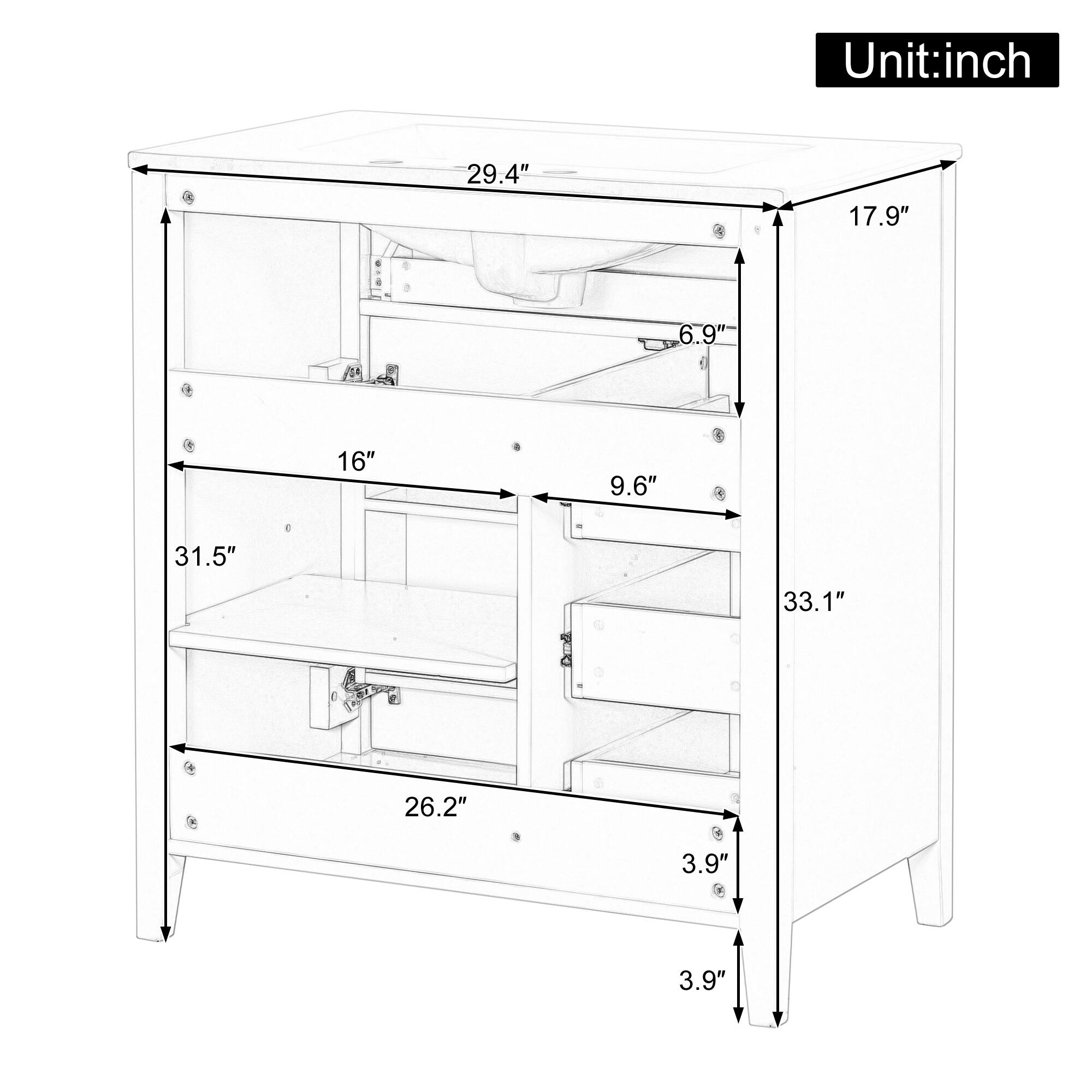 Unit: inch  
29.4"  
17.9"  
6.9"  
16"  
9.6"  
31.5"  
33.1"  
26.2"  
3.9"  
3.9"
