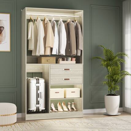 Front. Aheaplus - 40'' Closet Organizer System with 2 Drawers, Walk-in Closet System with 5 Shelves, Hanging Rod and Suitcase Storage - Beige Oak.