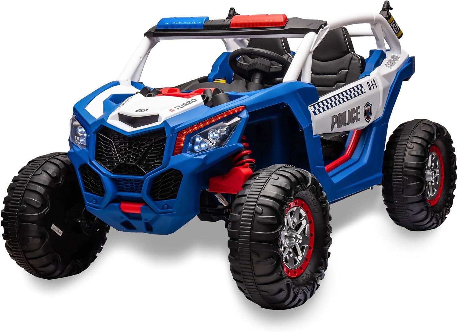 Homhougo - Two Seater 24V Kids Ride on UTV Car, 4WD 300W Motors Powerful Electric Vehicle w/Remote Control, 4 Shock Absorbers - Blue Police Car