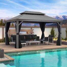 PURPLE LEAF - Light Gray Aluminum Power-Coated Frame Galvanized Steel Double Roof Hardtop Gazebo,Hooks Netting Curtain - 10' X 16'