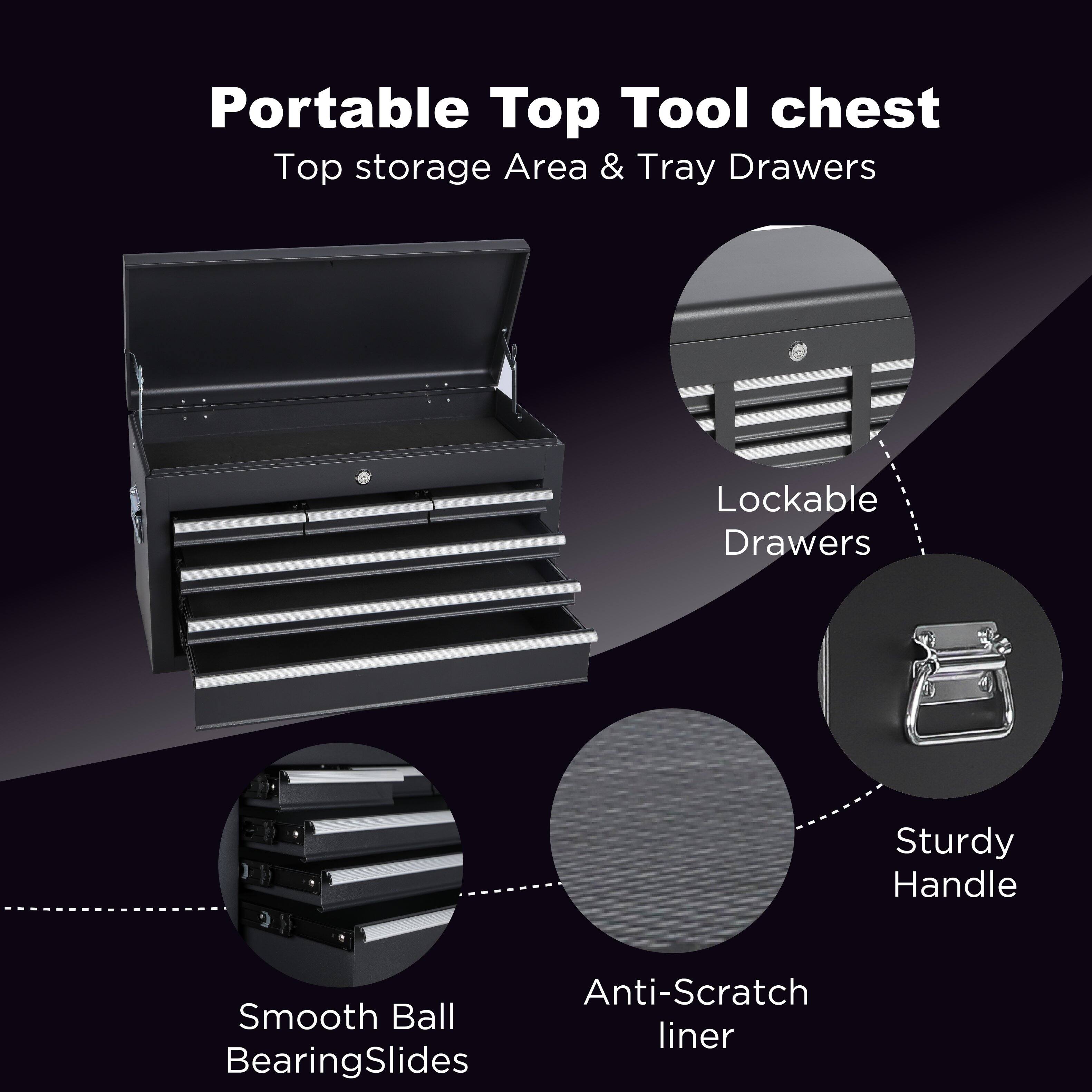 Portable Top Tool chest
Top storage Area & Tray Drawers
Lockable Drawers
Sturdy Handle
Anti-Scratch liner
Smooth Ball Bearing Slides