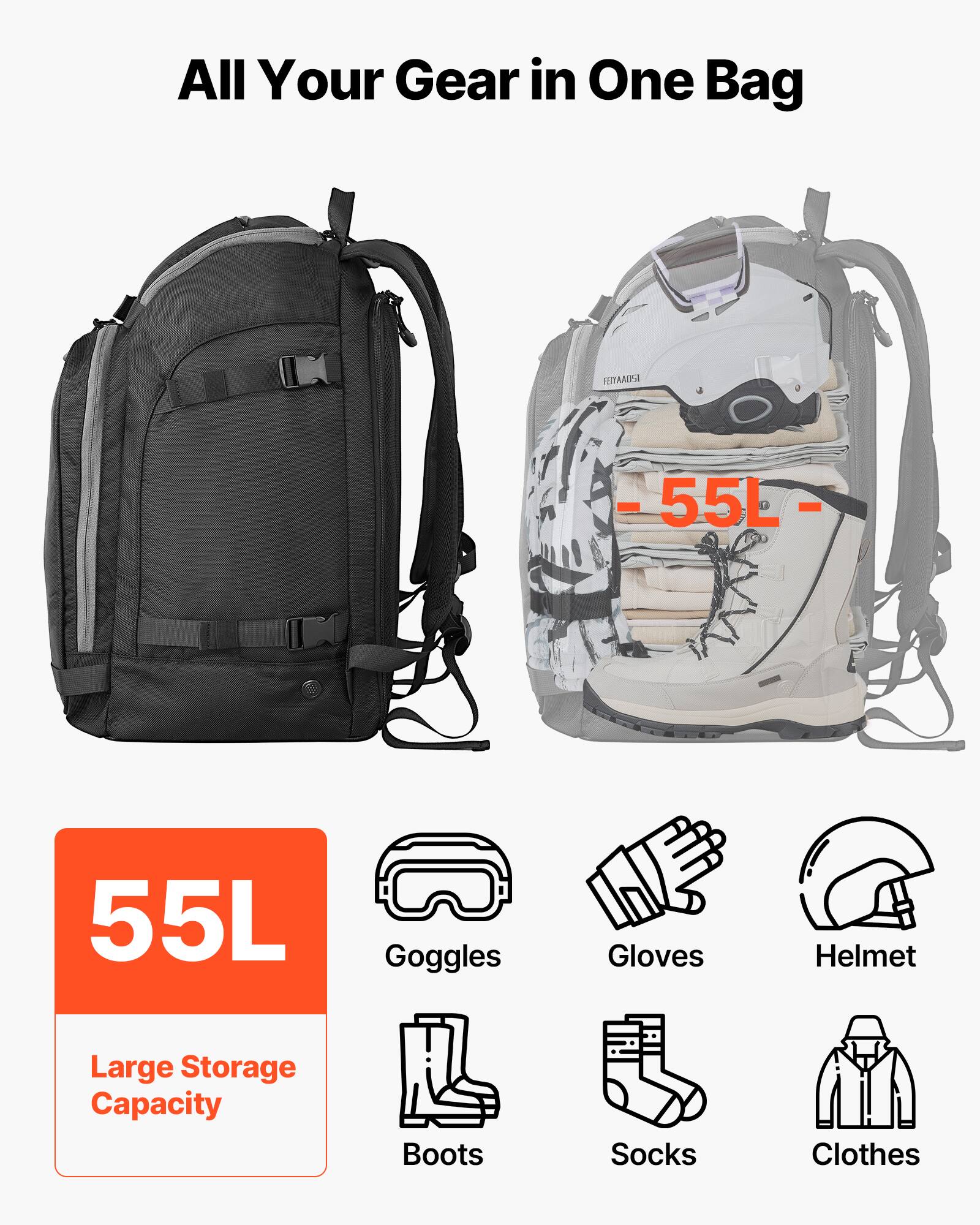 All Your Gear in One Bag

55L

Large Storage Capacity

Goggles
Gloves
Helmet
Boots
Socks
Clothes