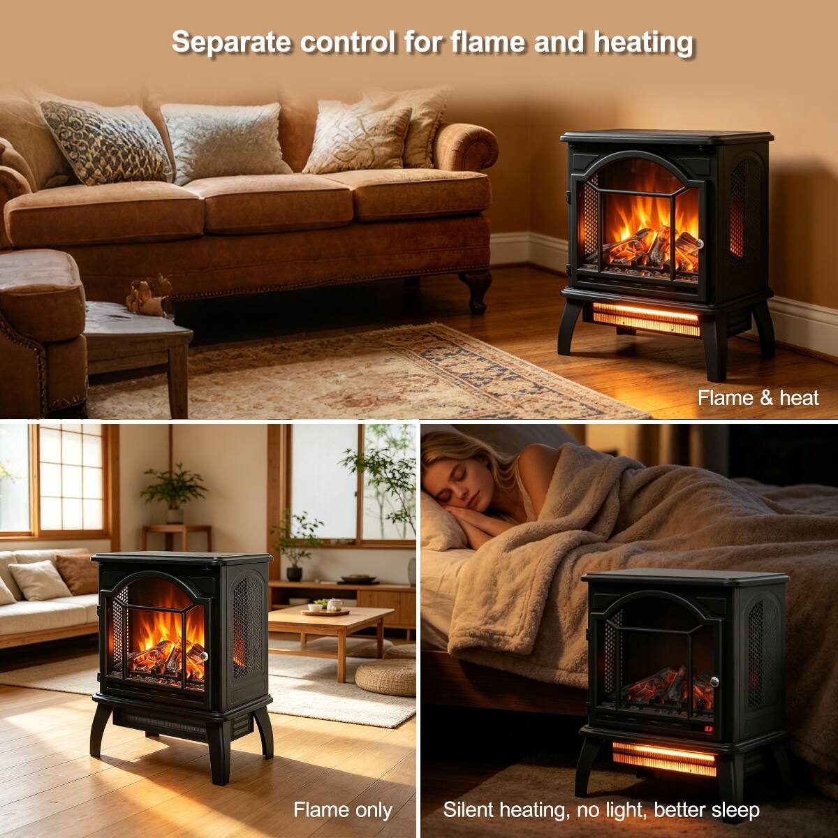 Separate control for flame and heating

Flame & heat

Flame only

Silent heating, no light, better sleep