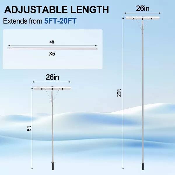 The corrected and grouped text from the image is:

- Adjustable Length: Extends from 5FT to 20FT
- Dimensions: 26in x 4ft x 5ft x 20ft