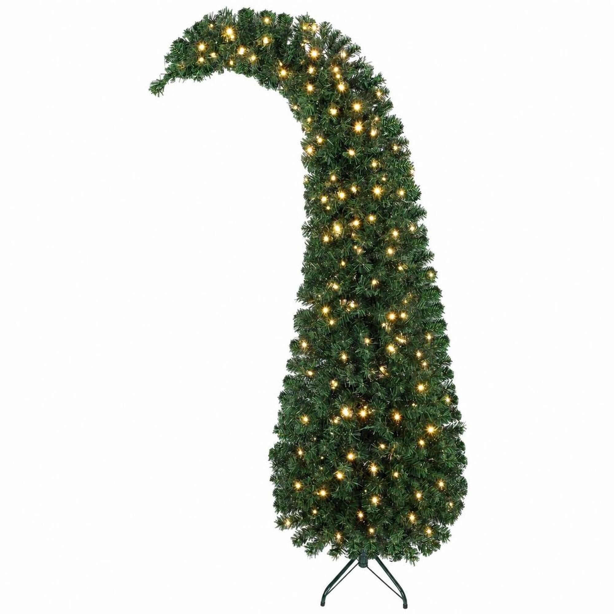 Front. RYHNUYNE - 6 Ft Bent Top Slim Fir Artificial Christmas Tree With 200 LED Lights, Metal Stand Whimsical Holiday Decor - Green.
