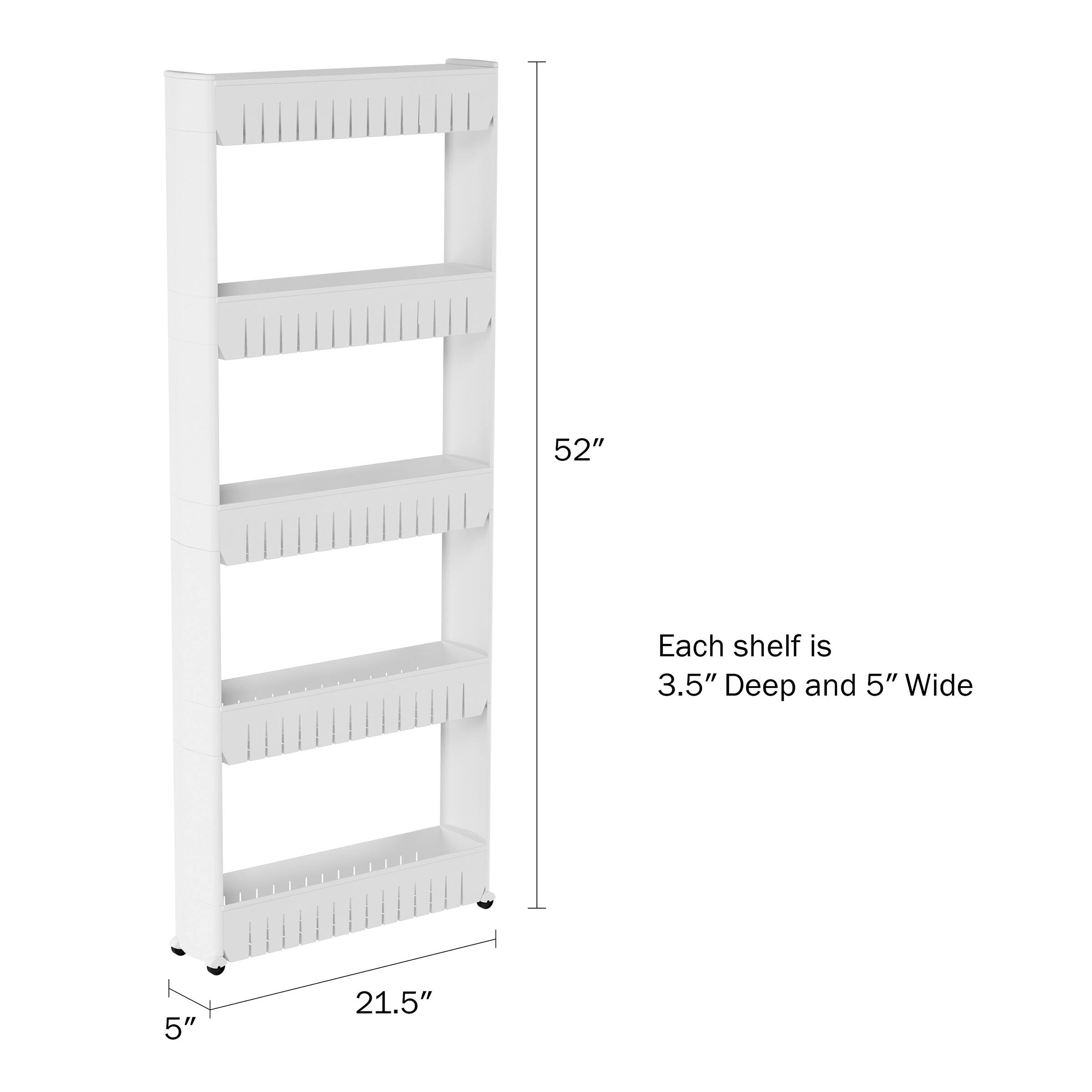52"  
Each shelf is 3.5" Deep and 5" Wide  
5"  
21.5"