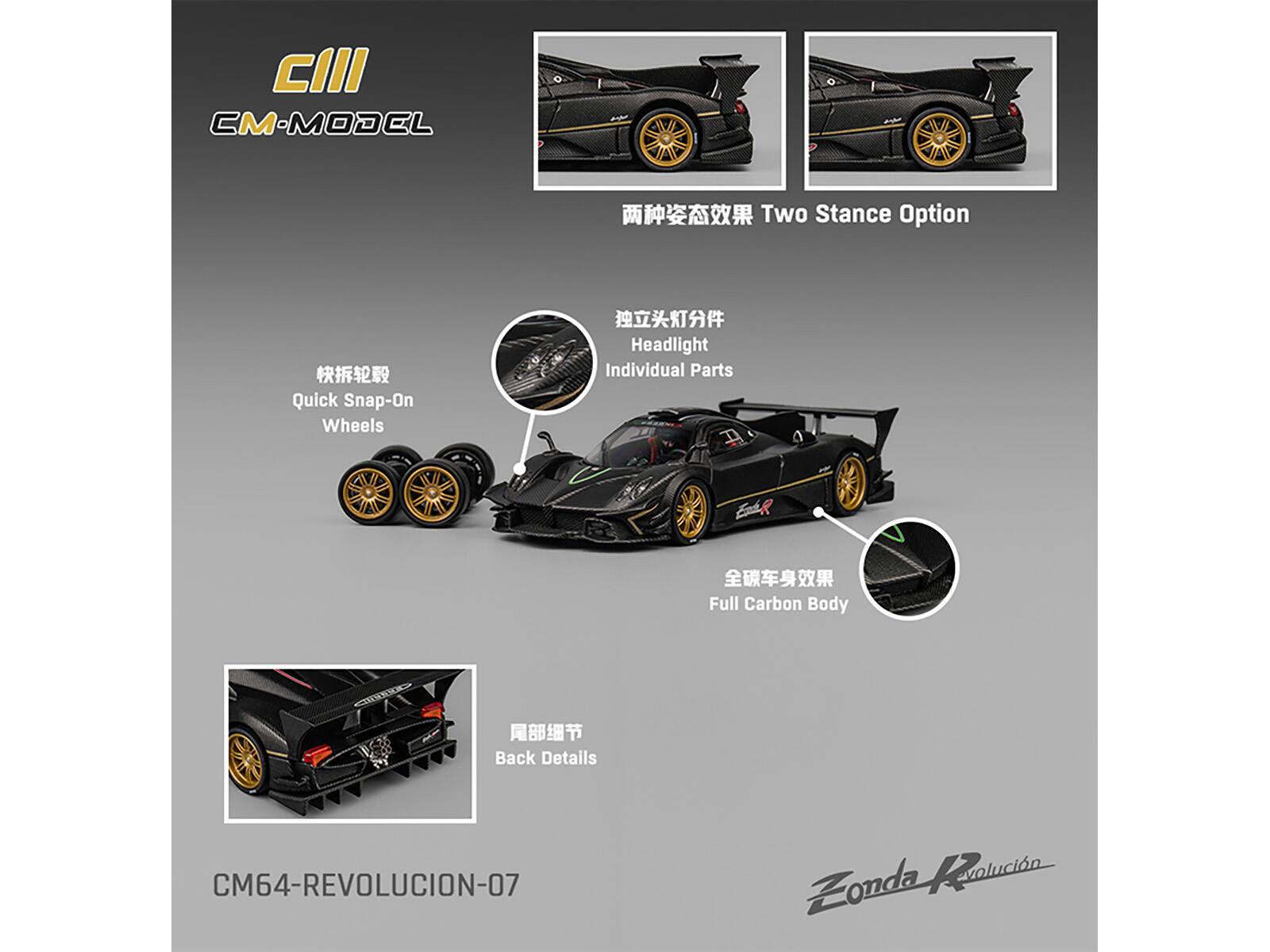 CIII  
CM-MODEL  

Two Stance Option  

Quick Snap-On Wheels  

Headlight Individual Parts  

Full Carbon Body  

Back Details  

CM64-REVOLUCION-07  

Zonda Revolución