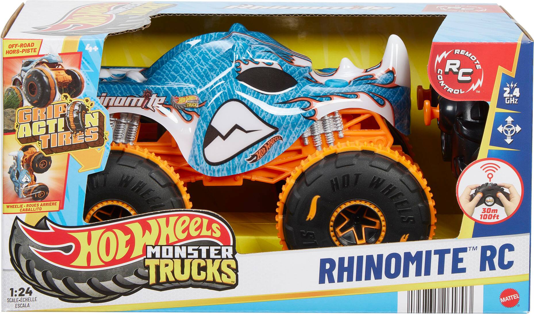 Hot Wheels Monster Trucks  
RHINOMITE RC  

OFF-ROAD  
HORS-PISTE  

GRIP ACTI'N TIRES  

WHEELIE - ROUES ARRIÈRE CABALLITO  

1:24 SCALE - ÉCHELLE - ESCALA  

REMOTE CONTROL  
2.4 GHz  

30m 100ft  

MATTEL