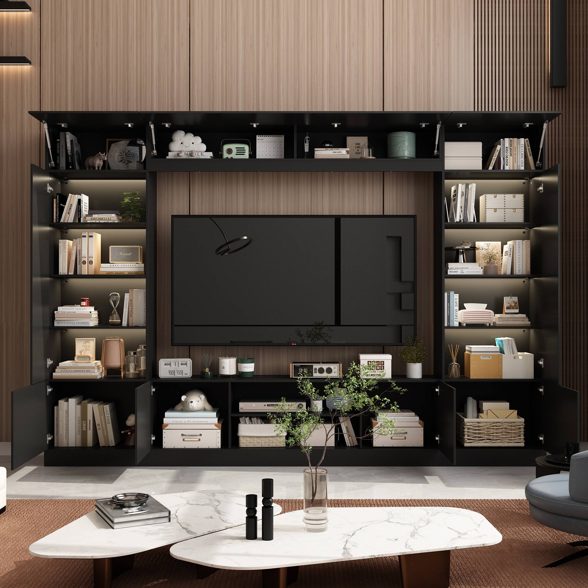 Angle. FUFU&GAGA - Entertainment Center with Surround Design for 75 Inch TVs, Media Console Adjustable Lighting, Cable Management - Black.