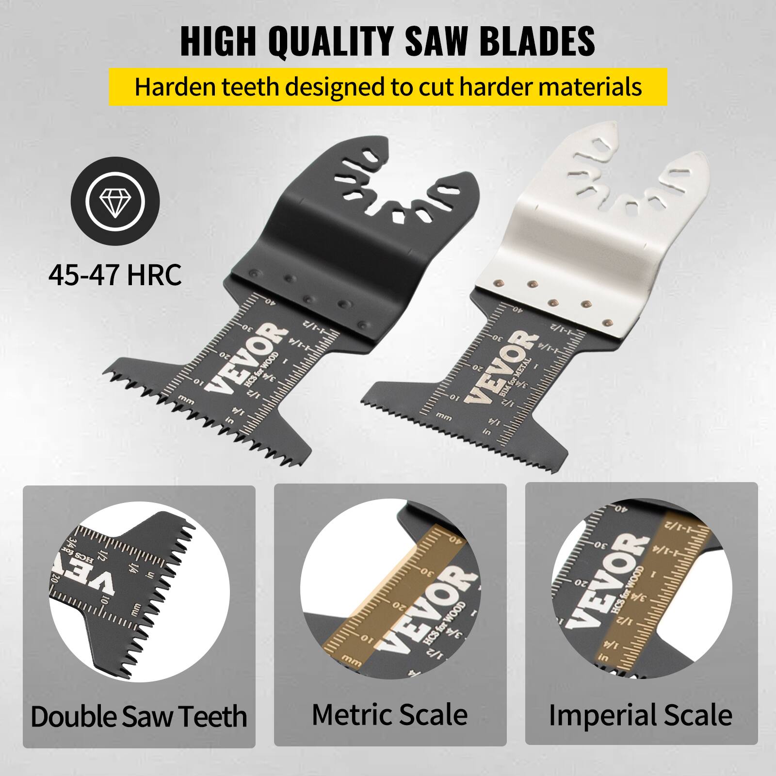 HIGH QUALITY SAW BLADES  
Harden teeth designed to cut harder materials  

45-47 HRC  

Double Saw Teeth  
Metric Scale  
Imperial Scale