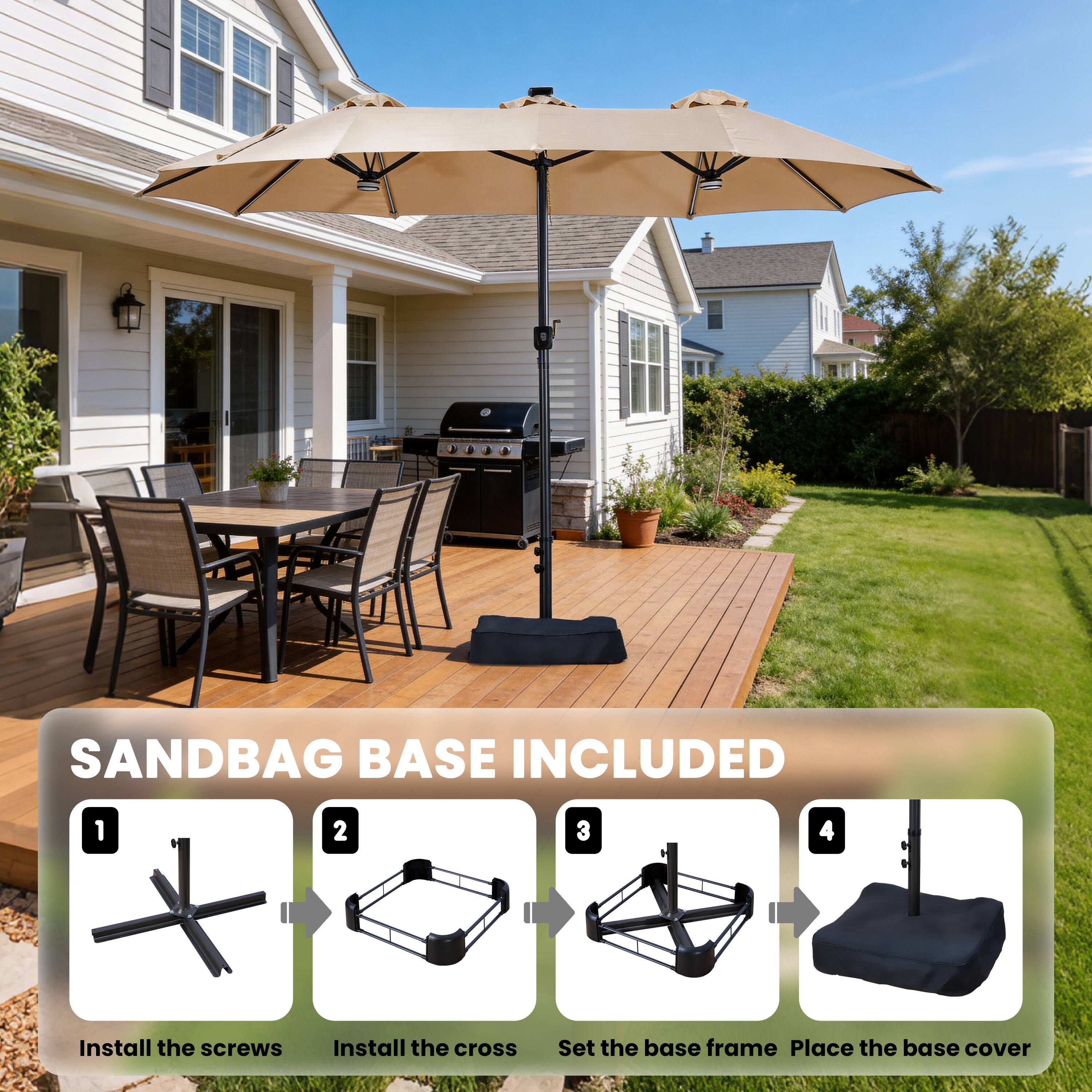 SANDBAG BASE INCLUDED

1. Install the screws
2. Install the cross
3. Set the base frame
4. Place the base cover