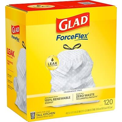 GLAD ForceFlex LEAK PROTECTION  
FRAGRANCE FREE  
MADE IN A ZERO WASTE FACILITY  
BAGS MADE WITH 100% RENEWABLE ENERGY  
120 GRIPS-THE-CAN KITCHEN BAGS  
13 TALL BAGS  
DRAWSTRING