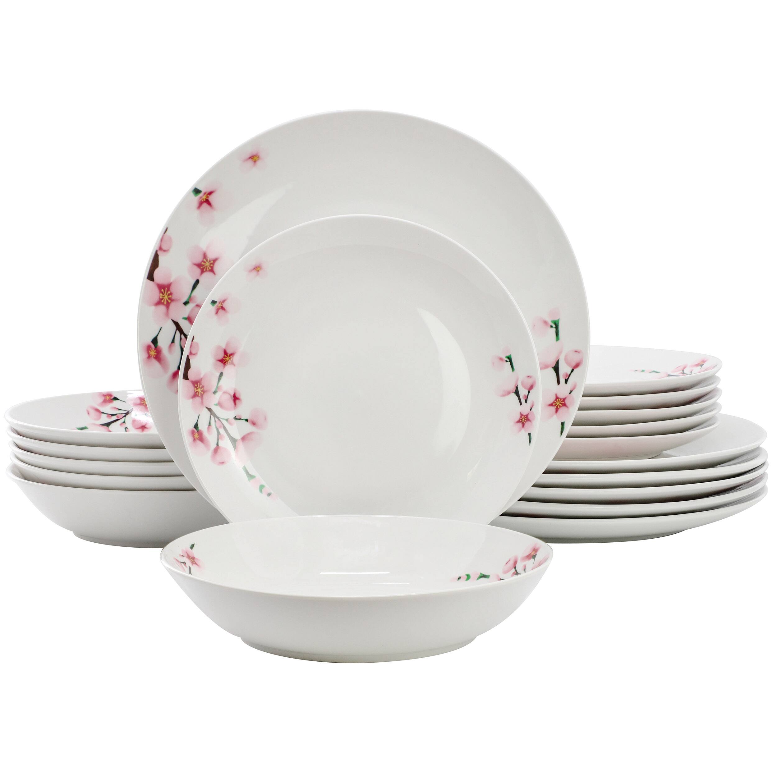 Front. Elama - Elama Tamara 18 Piece Cherry Blossom Porcelain Dinnerware Set, Service for 6 in White and Pink - White and Pink.