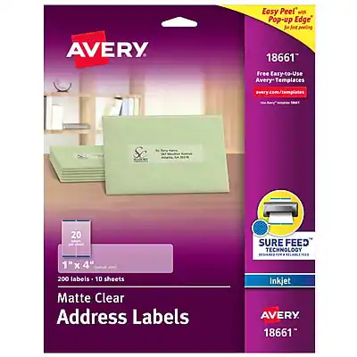 AVERY
Easy Peel with Pop-up Edge for just peeling
18661
Free Easy-to-Use Avery Templates
avery.com/templates
20
1" x 4"
200 labels - 10 sheets
Matte Clear Address Labels
SURE FEED TECHNOLOGY
Inkjet
AVERY
18661