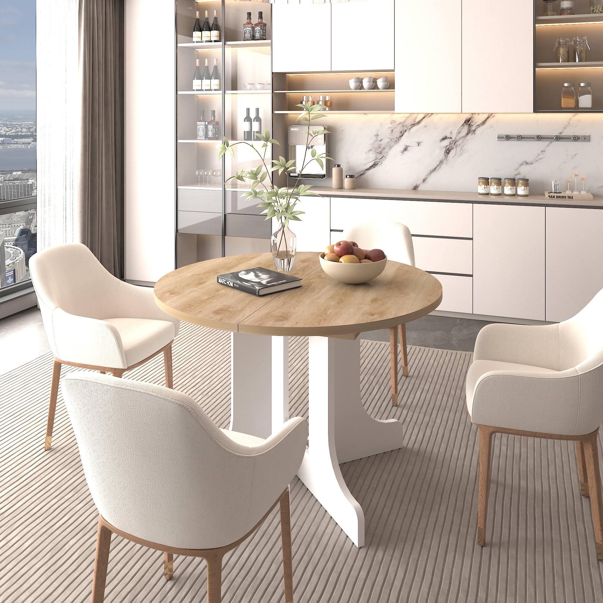 Left. Tiramisubest - Dining Table for Farmhouse Kitchen 59x43 Inch Expandable Oval Table Top with Removable Leaf Trestle X Shaped Base,White - White Oak.