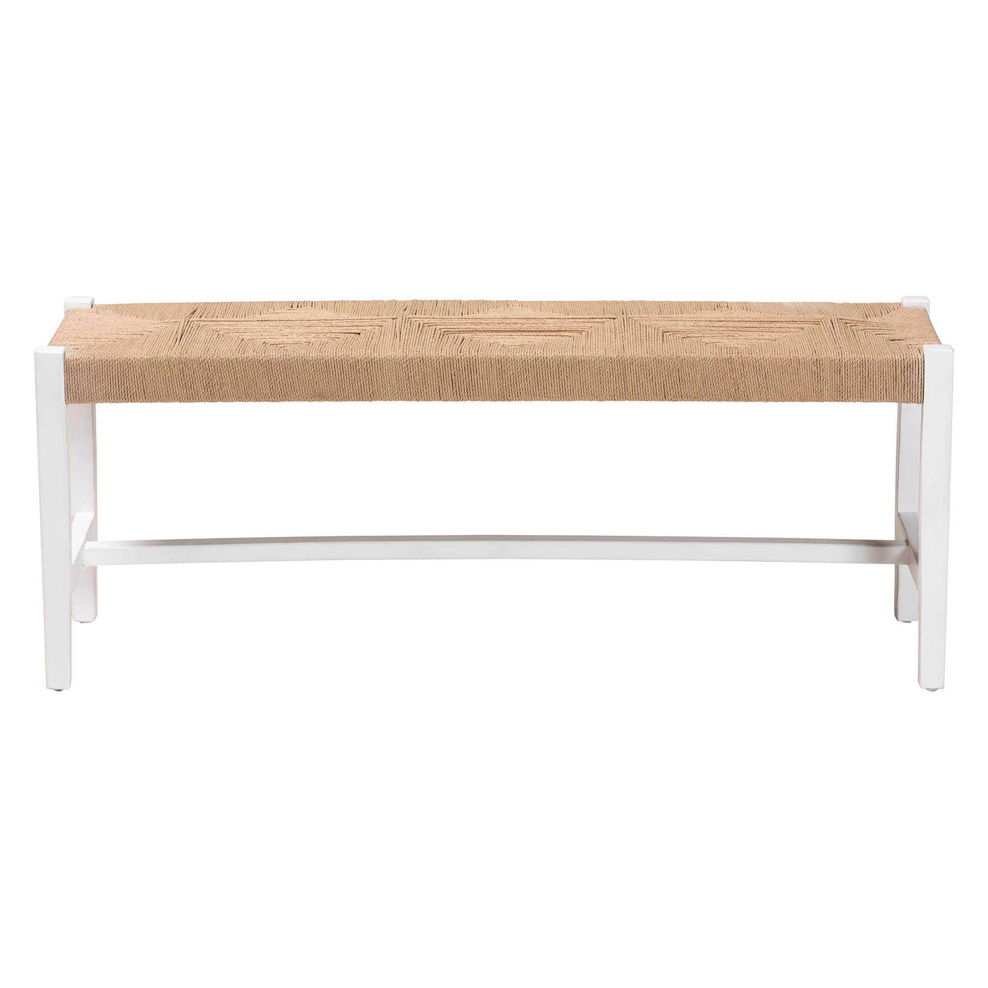 Angle. bali & pari - Prita Woven Paper Loom Bench with Mahogany Wood Frame - Handcrafted Accent Seating, White - Brown/White.