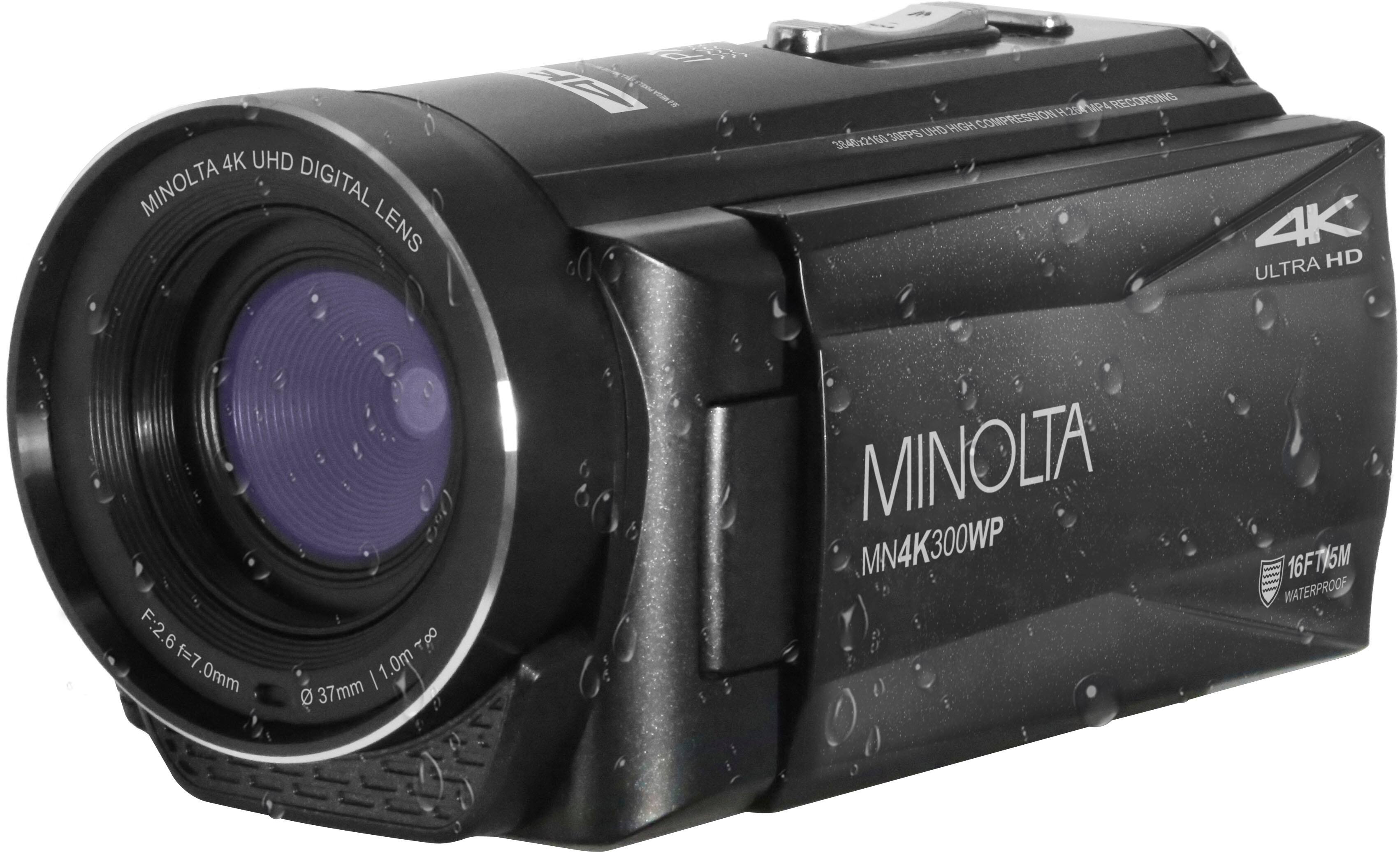 The text on the image reads: "4K UHD MINOLTA DIGITAL LENS 1L i FN MP 4 RECORDING H H20 HOH COMPRESSION SOFPS UHD 3840x2160 4K ULTRA HD F:2.6 6 f=7 0mm T 1.00 I 1.0m 1 0 37mm MINOLTA MN4K300WP warn Vgt 16FT15M UNEN c WATERPROOF."
