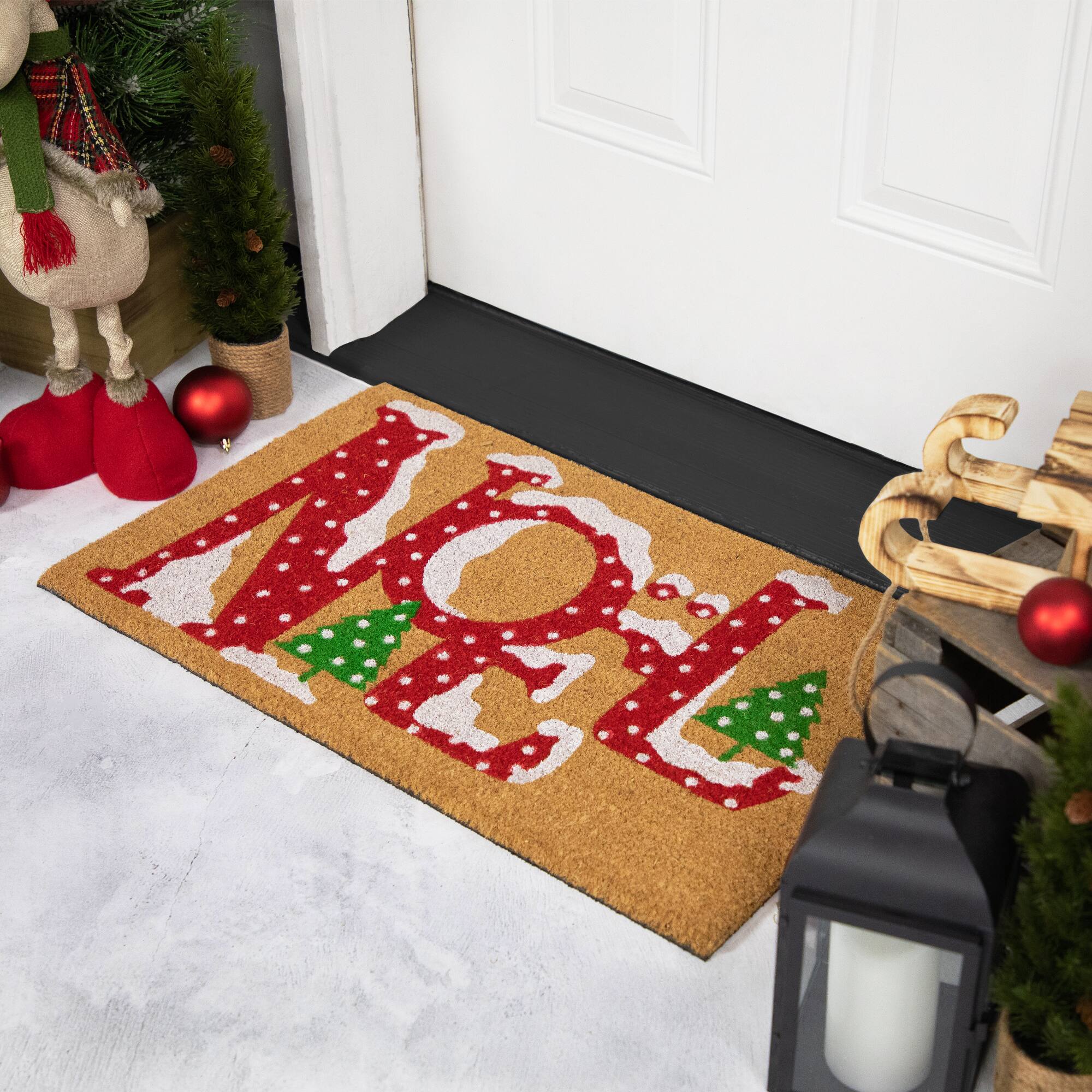 Alt View 2. Northlight - Brown and Red "Noel" Natural Coir Outdoor Christmas Doormat 18" x 30" - Brown.