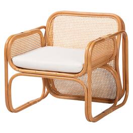 bali & pari - Cambridge Natural Rattan Armchair - Handcrafted Lounge Chair with Cushion, Rounded Frame with Cane Woven Panels - Light Honey