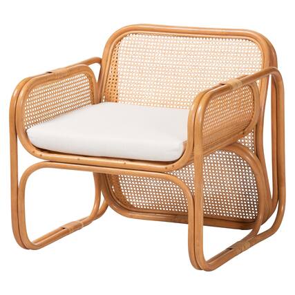 Front. bali & pari - Cambridge Natural Rattan Armchair - Handcrafted Lounge Chair with Cushion, Rounded Frame with Cane Woven Panels - Light Honey.